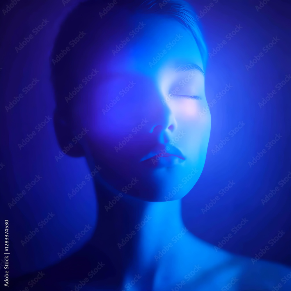 Fototapeta premium A serene expression evokes calmness through blue lighting.