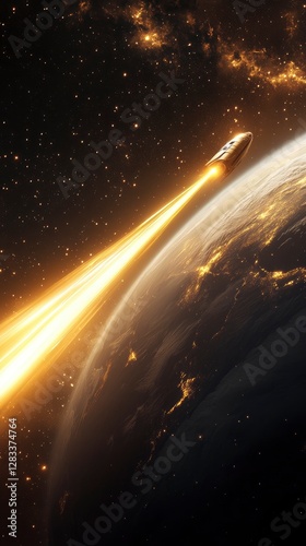 A futuristic spaceship soars away from Earth into the vast cosmos