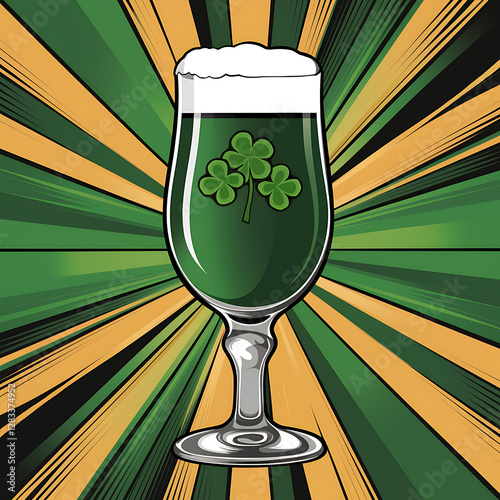 Green beer with shamrock emblem in pop art style for St. Patrick’s Day