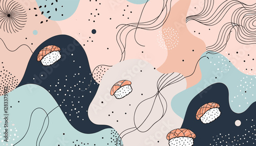 abstract shapes and lines in various colors, including pink, blue, and black, with a few sushi-like objects scattered throughout.
