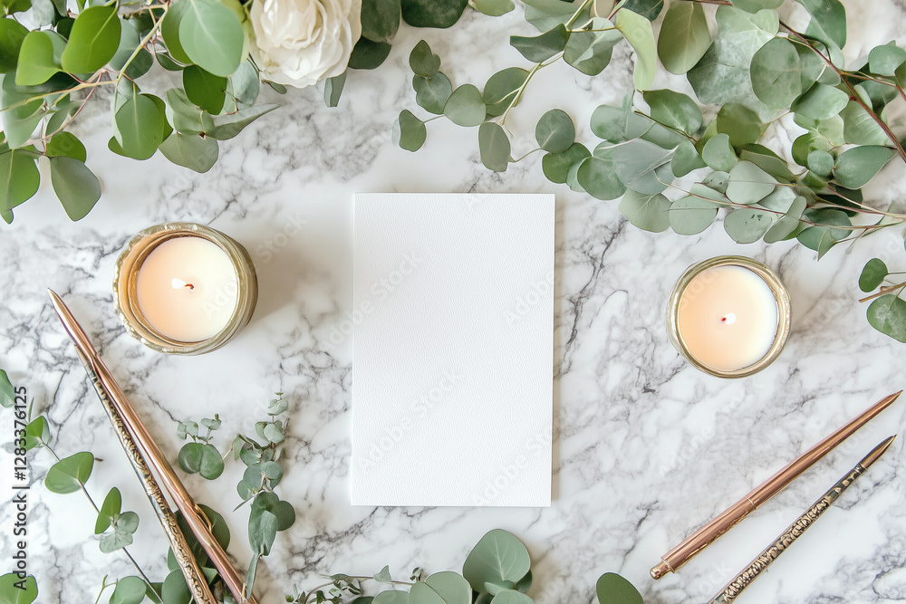 Blank White 5x7 Card on Marble Surface Surrounded by Chic Elements
