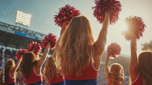 College stadium with a group of cheerleaders performing a routine. Featuring energy and excitement