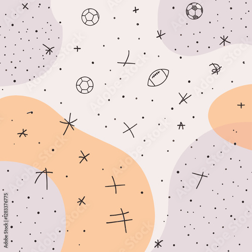 a mix of abstract shapes and sports elements, including a soccer ball, football, and basketball, scattered across a light purple and white background.