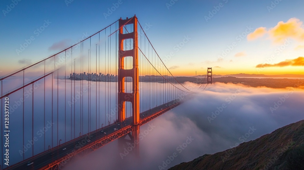 Obraz premium Golden Gate Bridge sunrise, fog, city skyline.