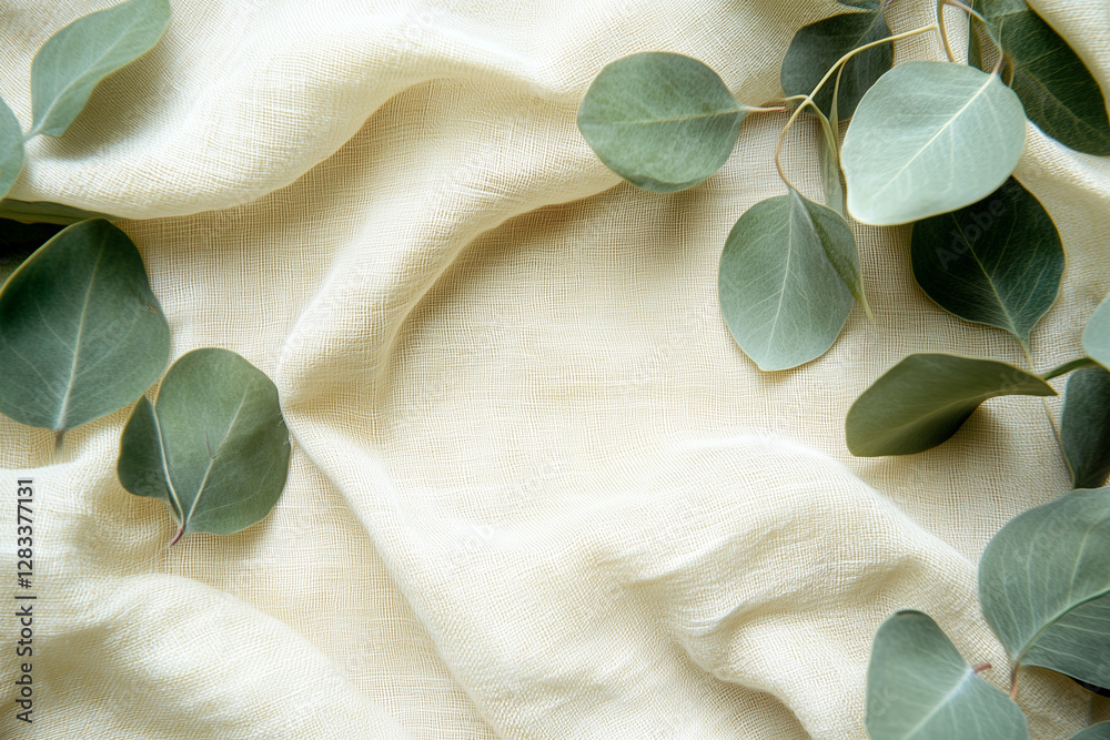 Linen Background with Accents of Green – Natural & Minimalist Aesthetic