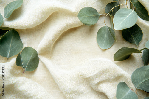 Obraz na płótnie Linen Background with Accents of Green – Natural & Minimalist Aesthetic w salonie