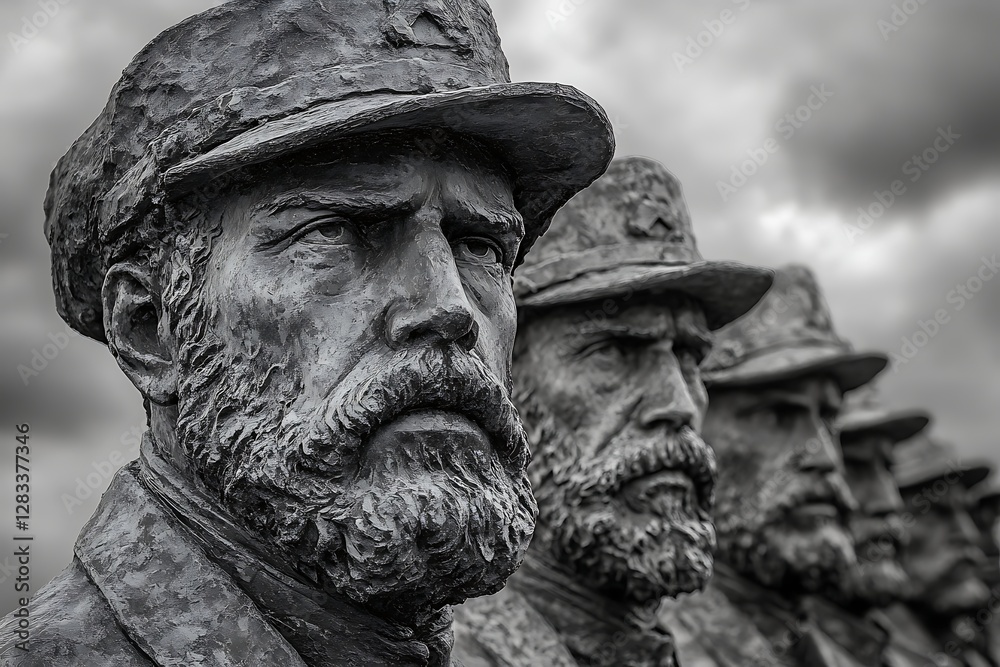Fototapeta premium War leaders statues, solemn row, cloudy sky backdrop