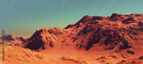 Fotografie Planet mars illustration, orange red eroded mars surface, science fiction 3D illustration background