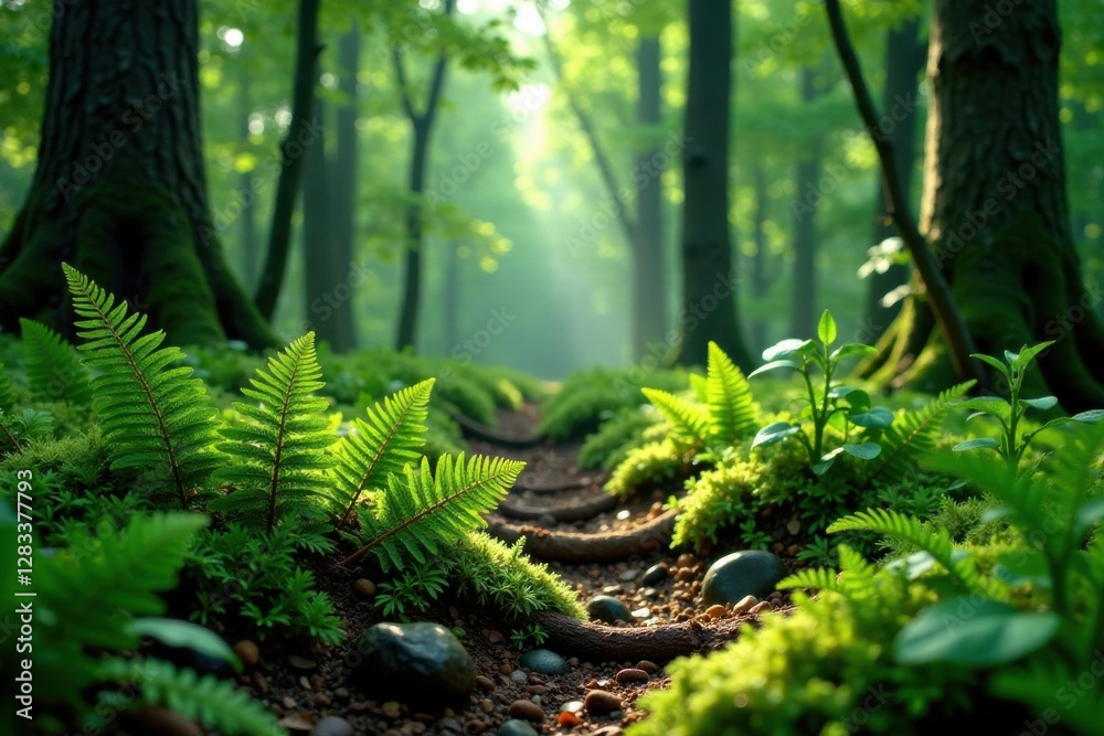 Fototapeta premium Dense foliage of ferns and moss covering a forest floor , undergrowth, moss, forest floor