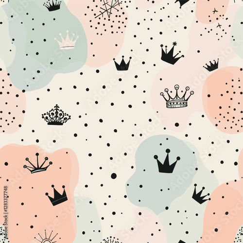 a variety of crowns in different sizes and colors, scattered across a light pink and light blue background with scattered dots.