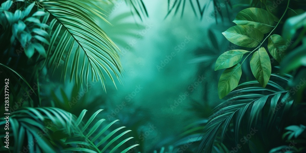 Fototapeta premium Beautiful green tropical jungle background with palm leaves