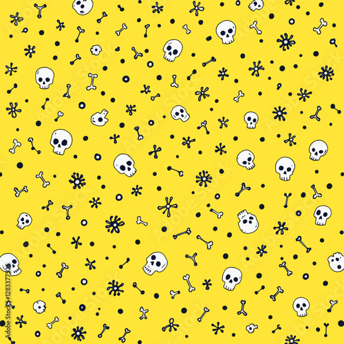 numerous white skull and bone illustrations scattered across a yellow background, creating a visually striking and chaotic design.