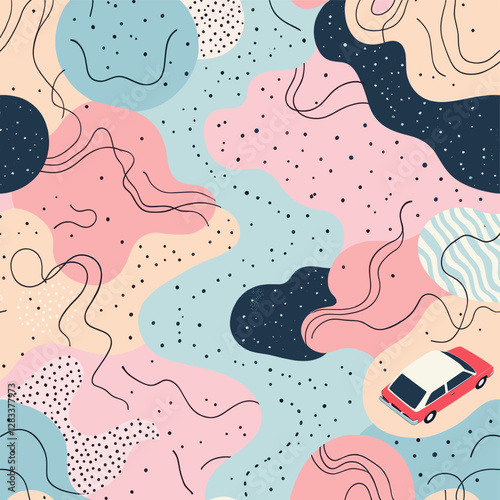 A red car is depicted in the bottom right corner of the abstract pattern, which features a mix of pink, blue, and black shapes and lines.