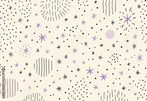 various shapes and sizes of stars and dots in shades of purple and black, scattered across a light beige background.