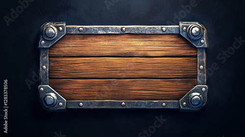 Fototapeta Naklejka Na Ścianę i Meble -  Medieval ui game wooden button with metal frame sprite for animation. Fantasy rpg title sign design on dark background. Isolated royal interface banner element assets. Ancient scratched wood bar icon