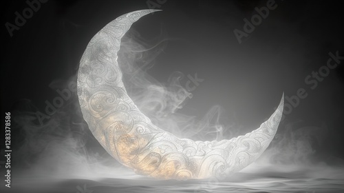 Illuminated crescent moon with intricate design.   HD 8K ramzan wallpaper Photographic Image