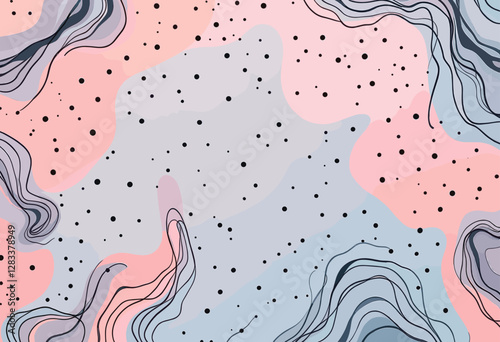abstract swirls and dots in various shades of pink, blue, and gray, with some black dots scattered throughout.