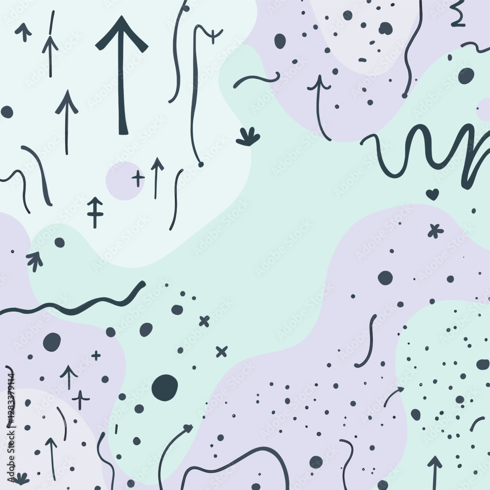 Naklejka premium a light blue background with white and purple accents, dotted with black lines, dots, and arrows in various sizes and directions.