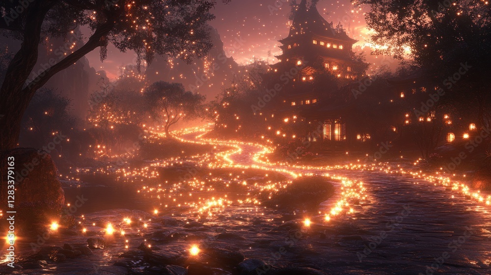 Mystic Lantern Path, Temple, Night, Glow Mystic Lantern Path, Temple, Night, Glow