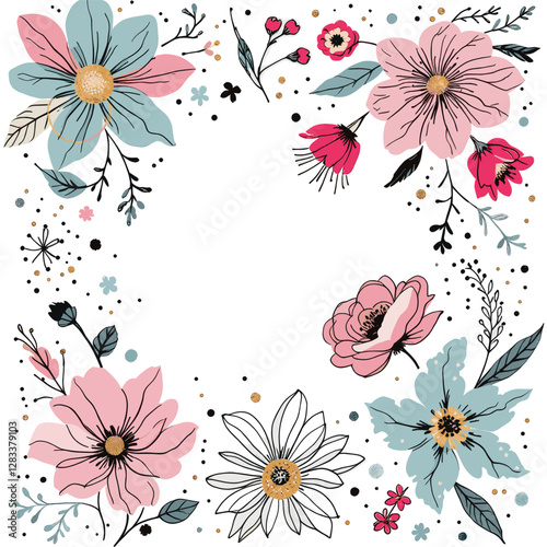 a floral border with a variety of flowers and leaves in shades of pink, blue, and green, arranged in a circular pattern.