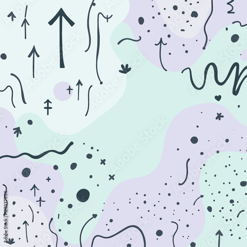 a light blue background with white and purple accents, dotted with black lines, dots, and arrows in various sizes and directions.