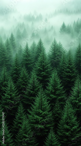 Dense Green Coniferous Forest Under a Mysterious Foggy Overcast Sky Aerial View of Moody Landscape Evergreen Pine Trees Pattern