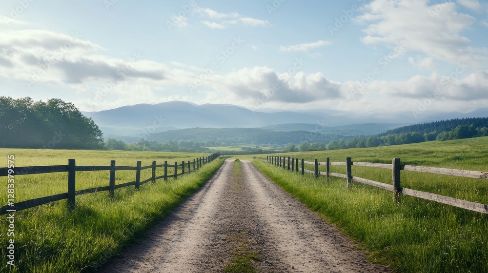 Serene Country Road Surrounded by Lush Green Fields and Mountains Serene Country Road Surrounded by Lush Green Fields and Mountains