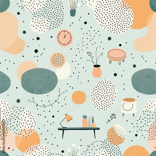 a variety of objects, including a clock, a lamp, a vase with flowers, a coffee table, a plant, and a handbag, all set against a light blue background with scattered orange and white polka dots.