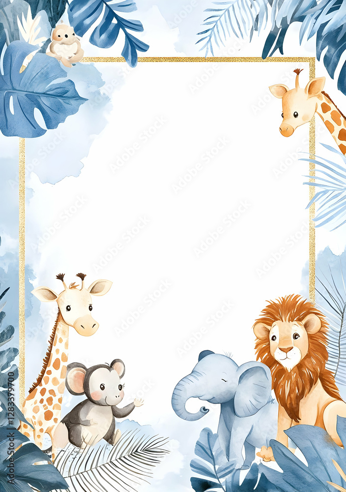 A playful animal-themed border design featuring a giraffe, lion, elephant, and monkey. A playful animal-themed border design featuring a giraffe, lion, elephant, and monkey.