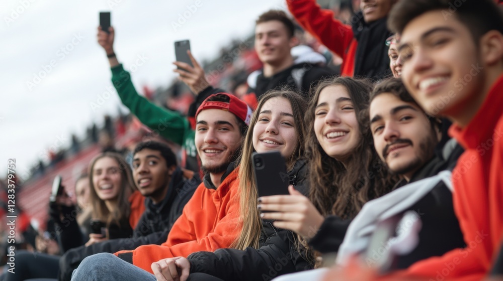 College stadium with a group of students taking selfies in the stands. Featuring youth, technology, and fun College stadium with a group of students taking selfies in the stands. Featuring youth, technology, and fun