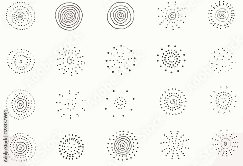various circular designs, including sunburst, spiral, and dots, arranged in a grid-like layout.