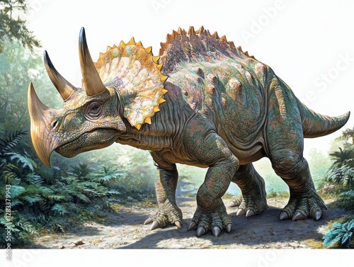 Majestic Triceratops in Lush Prehistoric Landscape Vibrant Impressionist Art photo