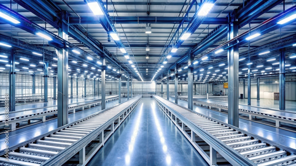 Modern LED lighting fixtures illuminate a factory floor with sleek metal beams and conveyor belts , modern lighting, machinery Modern LED lighting fixtures illuminate a factory floor with sleek metal beams and conveyor belts , modern lighting, machinery