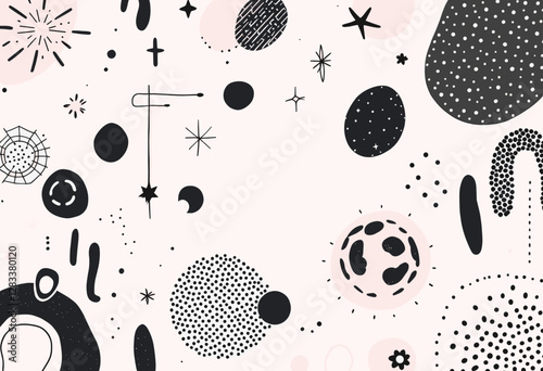a variety of abstract shapes and designs, including circles, lines, dots, and stars, all rendered in black and white.