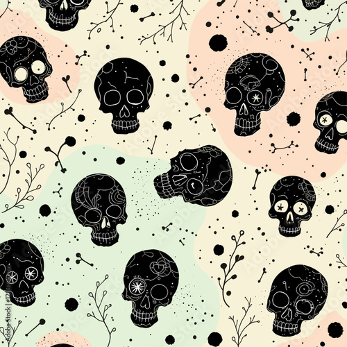 a repeating arrangement of black skull silhouettes against a light peach background, with scattered black dots and lines throughout.