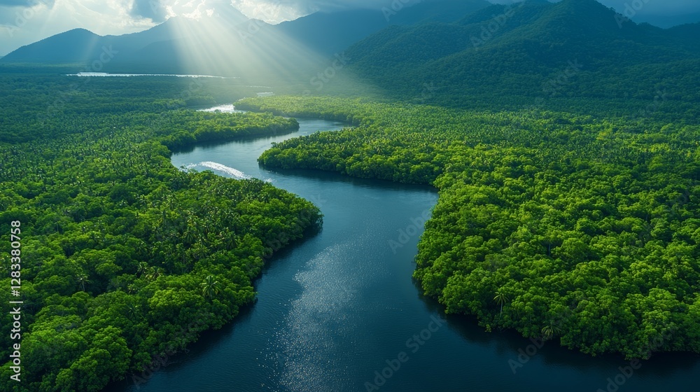 Fototapeta premium Dense Green Canopy of Daintree Rainforest with Sunlight Beams