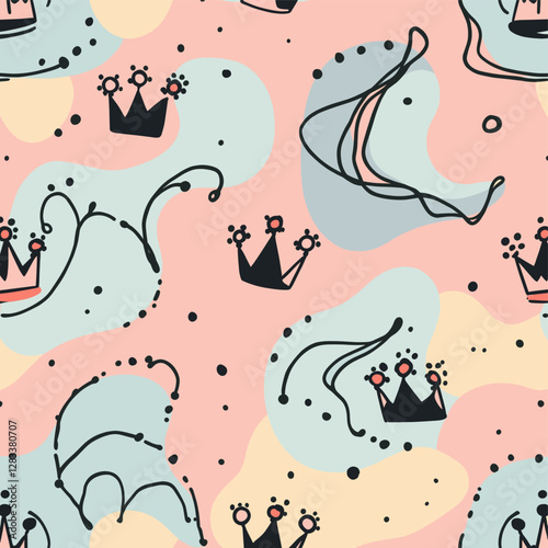 whimsical crowns and lines in various pastel colors, creating a playful and imaginative design.