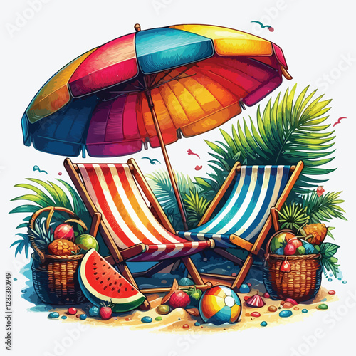 BEACH CHAIRS UMBRELLA stock illustration