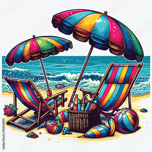 BEACH CHAIRS UMBRELLA stock illustration