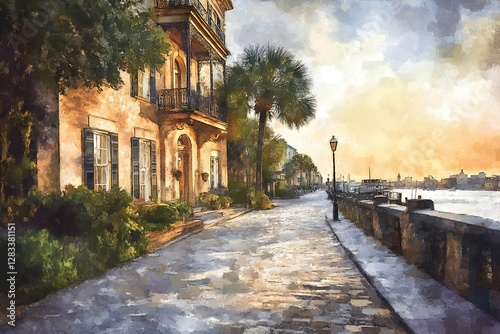 A scenic waterfront view featuring historic architecture and palm trees at sunset.
