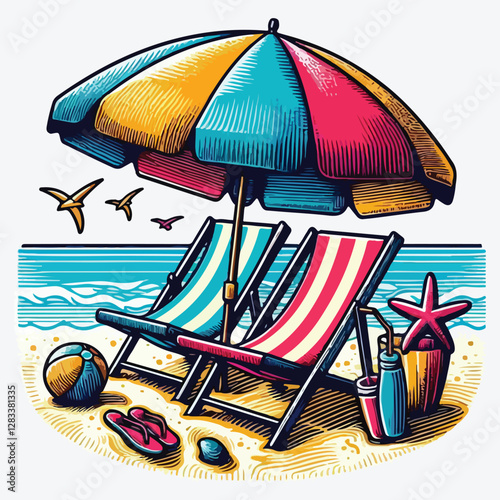 BEACH CHAIRS UMBRELLA stock illustration
