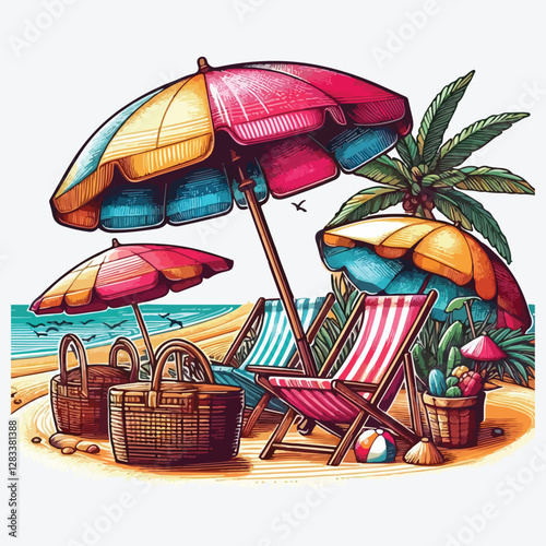 BEACH CHAIRS UMBRELLA stock illustration