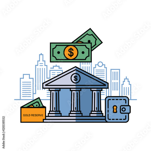 vector colorful economy trading graph cash money linked with curved dash line over the world bank