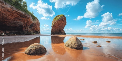 Hopewell rocks showing low tide at sunrise with colorful sky and clouds photo