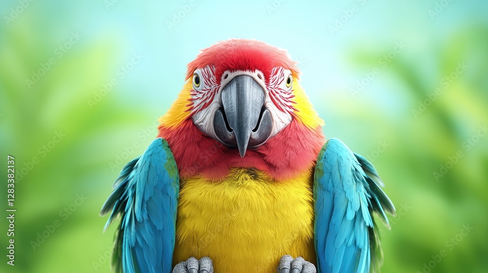 Obraz premium Colorful macaw parrot looks directly forward against a blurred green jungle background during daytime.