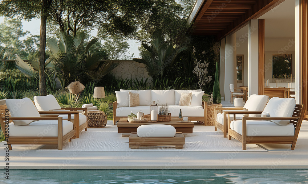 Fototapeta premium Luxurious poolside lounge area featuring elegant teak furniture and chic decor for ultimate outdoor relaxation.