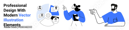 Group discussion with team profiles, gear, and documents in circular diagram, two people exchanging ideas. Ideal for teamwork, collaboration, analytics, discussion, strategy modern tools flat