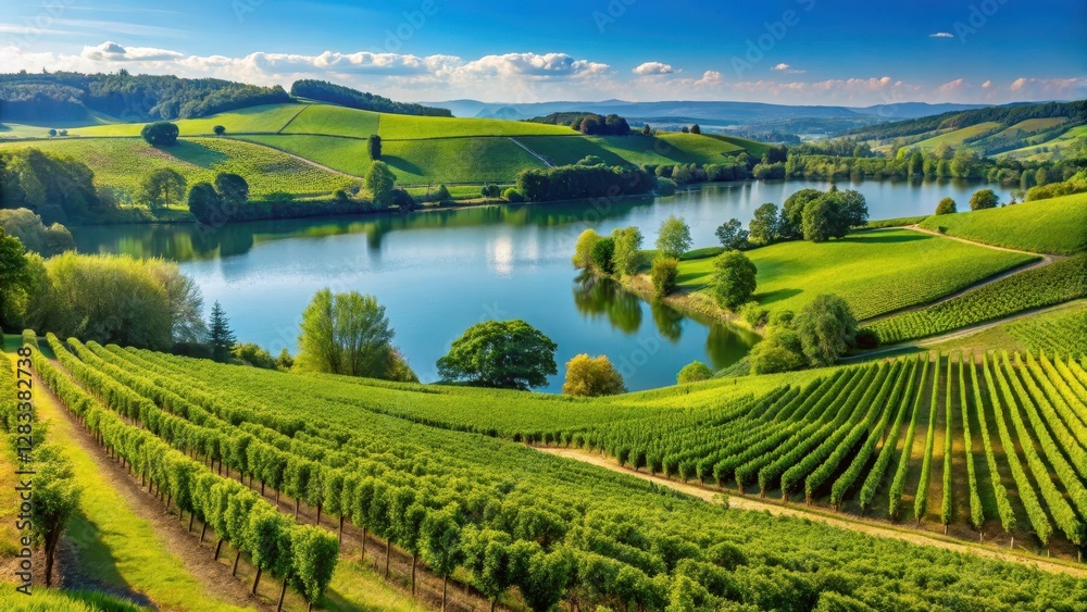 Naklejka premium Rolling hills of green vineyards with majestic trees and a serene lake in the background, surrounded by lush greenery, on a sunny day with a clear blue sky , scenic vineyard, cape town