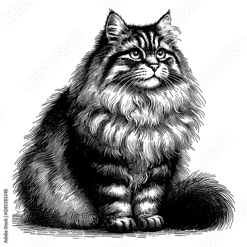 Line art drawing of Siberian cat's ink sketch kitten vector hand drawn illustration background