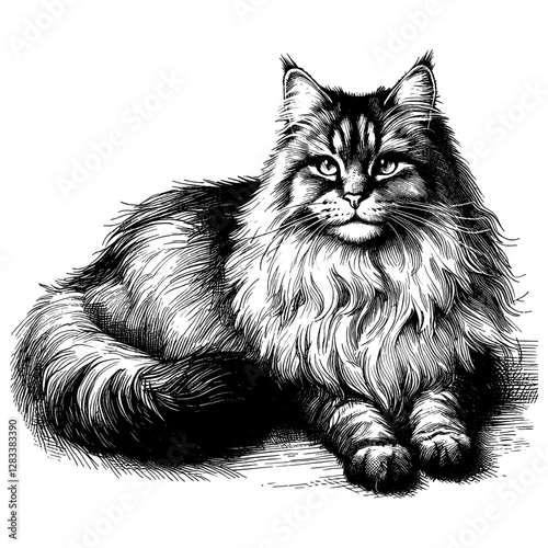 Line art drawing of Siberian cat's ink sketch kitten vector hand drawn illustration background